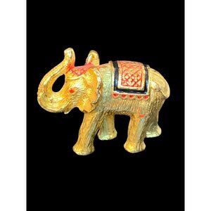 Vintage Heavy Gold Tone Elephant Figurine With Red Rhinestone Eyes (1003)